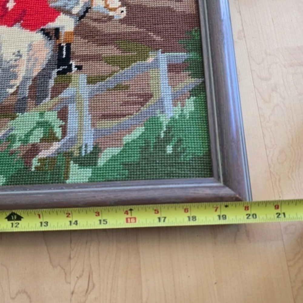 Vintage Framed Needlepoint Fox Hunt Equestrian Scene Wall Art Tapestry Decor - Picture 10 of 13
